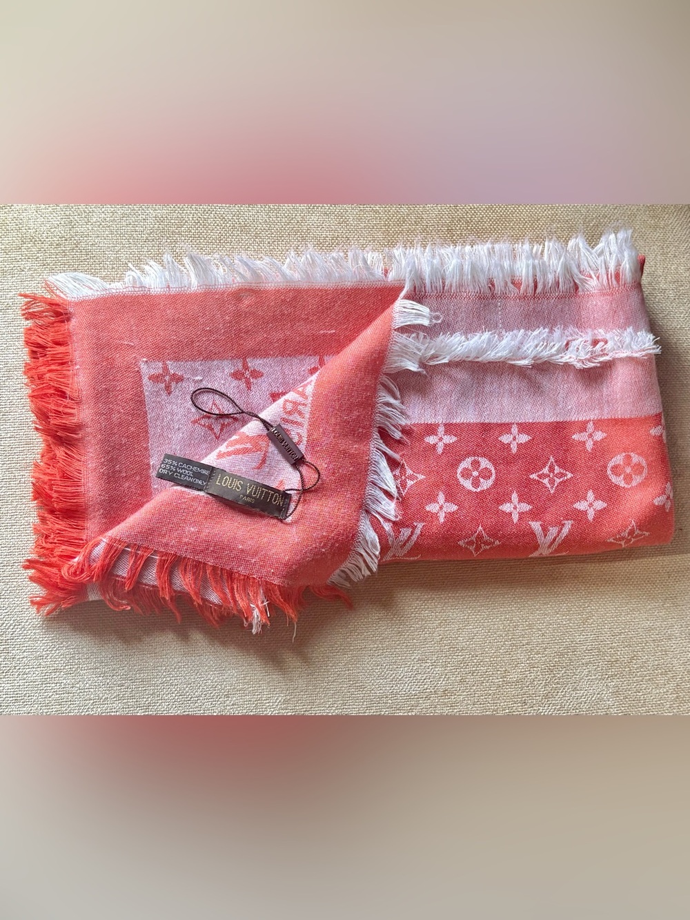NWT | Louis Vuitton Coral & White Monogram Fringed Cashmere Shall/Scarf